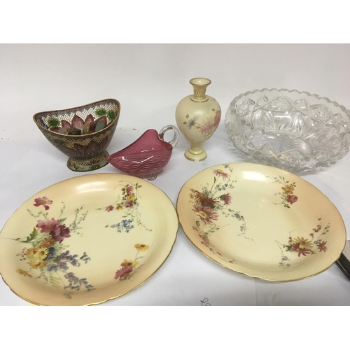 952 - A pair of Worcester porcelain dishes hand painted with flowers a vase (chip to the base) a cut glass... 