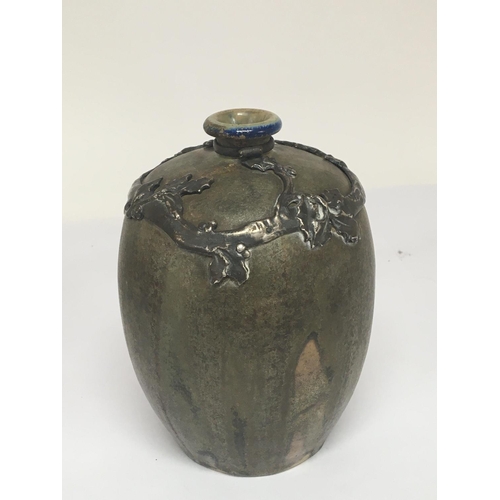 967 - An interesting modern design contemporary art vase mounted with silver. Signed base Hight 16cm. NO R... 