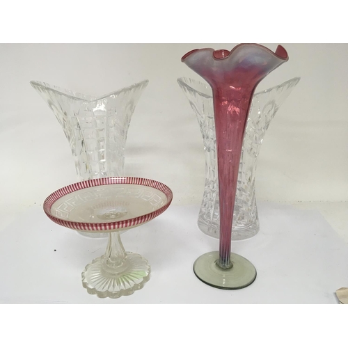 970 - A late Victorian opaque and cranberry glass trumpet vase a cut glass dish with Greek key pattern and... 