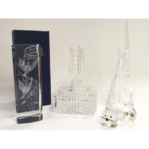 991 - Cut glass scent bottles including Stuart , small figures and a 3D Crystal ornament. This lot cannot ... 