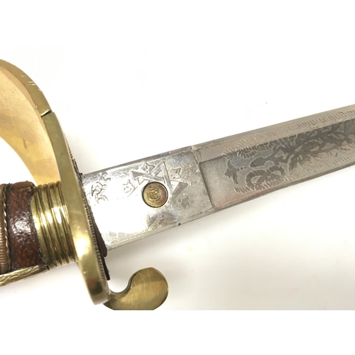 1497 - A 20th century naval officers sword with a brown leather grip. Blade 80cm long. 95cm long in total. ... 