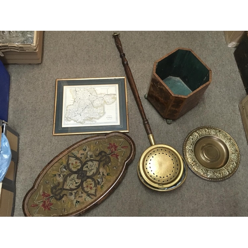 1802 - A box of oddments including brass charger, samovar, map, bed pan etc. this lot cannot be posted. NO ... 