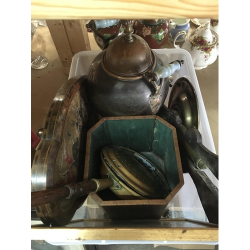 1802 - A box of oddments including brass charger, samovar, map, bed pan etc. this lot cannot be posted. NO ... 