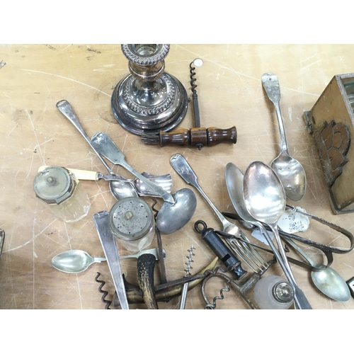 1823 - A collection of silver plated cutlery and other oddments including corkscrews. NO RESERVE