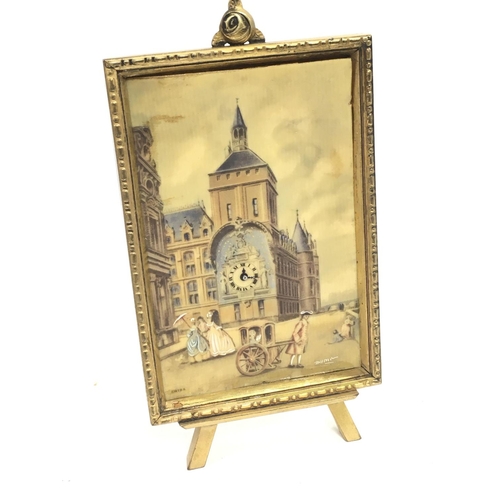 712 - Ormula framed hand painted mini clock , Palace of Justice. this lot cannot be posted