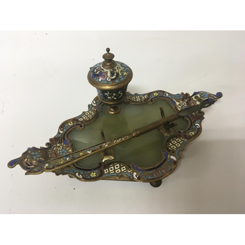 725 - A Quality late Victorian enamel gilded metal and onyx pen tray with pen. 21cm