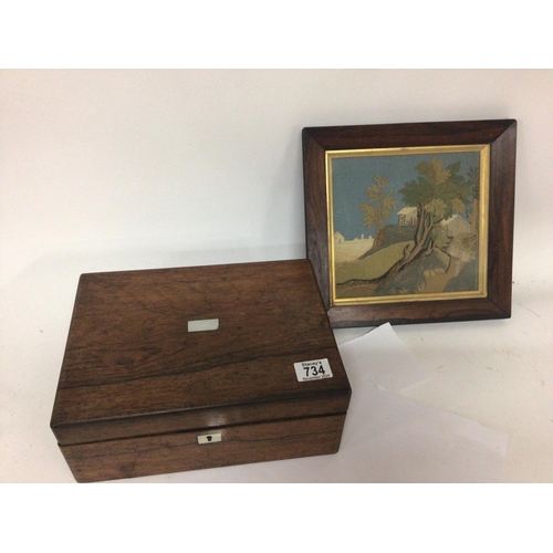 734 - A rosewood framed Victorian embroidered picture and a rosewood box (2)