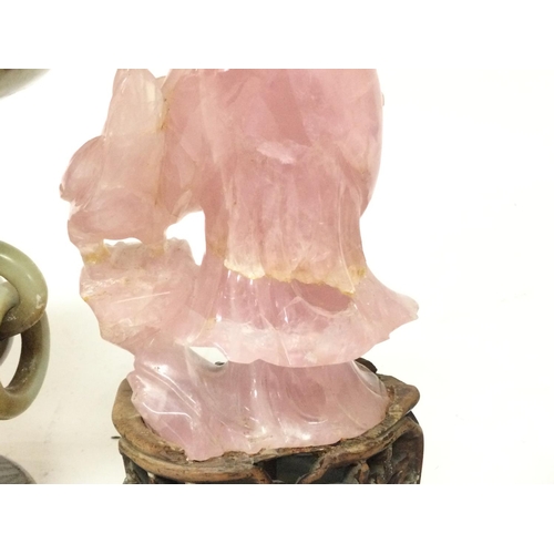 847 - A Soapstone Vase approx height 25CM. A Figure approx height 22Cm and a Rose quartz approx Height 21C... 