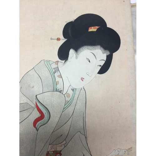 861 - Two unframed woodblock prints depicting geisha and framed geisha.