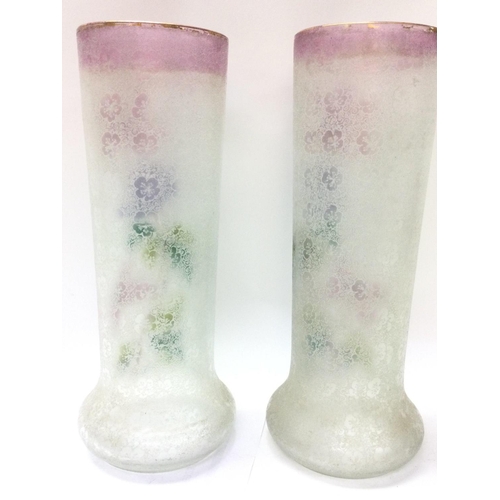 944 - A pair of quality early 20th century acid etched and enamelled decorated glass floral vases approxim... 