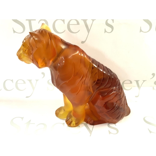 1060 - A large Lalique Amber glass tiger, 20th century, seated, overall decorated with black stripes, heigh... 