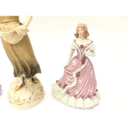 1141 - Two Wedgewood figures and a Royal Dux figure. Note damage to fan of one as pictured. Postage D