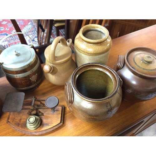 1149 - A collection of stoneware jars including a large oak lid topped jar and a set of postal scales etc. ... 