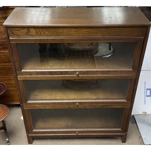 1398 - An oak three tier Globe Wernicke style bookcase by Angus , dimensions 31x87x123cm