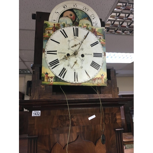 1432 - A mahogany long case clock the arch painted dial with Roman numerals.