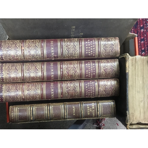 1826 - A box of 19th century leather bound books including Shakespeare, Dickens, Earl of Beaconsfield K.G. ... 