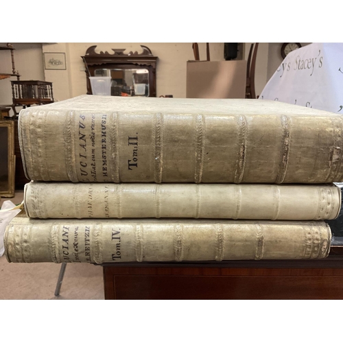 1856 - Three Vellum bound early 18th century Latin books including Lucian of Samosata volumes including Ind... 