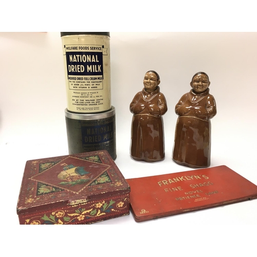 2032 - An unusual Franklyns Fine Shagg Novel patience game, tins and two ceramic monk decanters