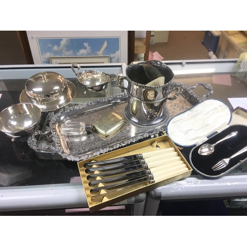 2037 - A Collection of silver plate including a tray, dishes, knives and a cased silver hallmarked spoon an... 