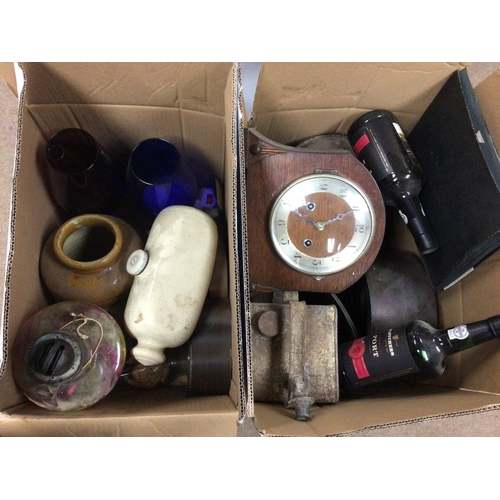 2112 - A collection of assorted items including two bottles of port, various ceramics, oil lamp etc