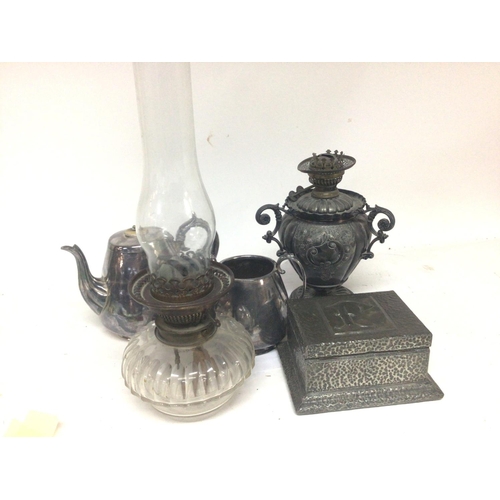 818 - A late Victorian metal oil lamp base a hammered pewter box and other oddments and a silver plated cr... 