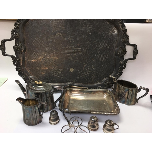 831 - A large silver plated tray and silver plate tea set.