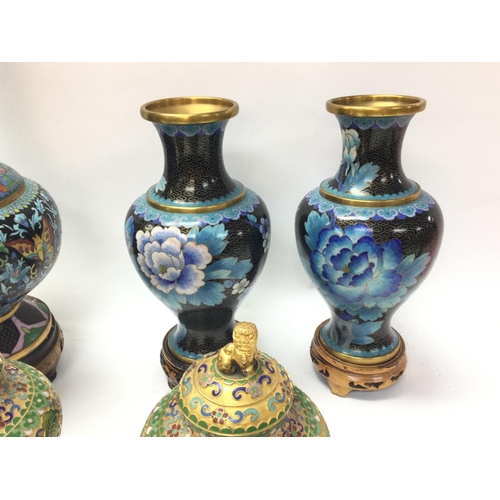 944 - Six Chinese cloisonnÃ© vases in various sizes and designs.