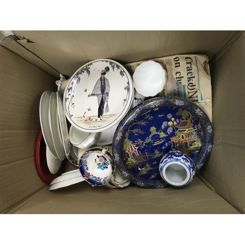 135 - Box of ceramics including plates, teacups and bowls. From brands such as Carlton Ware, Derby Posies,... 