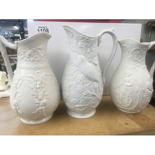 146 - A Collection of eleven Victorian white glazed jugs of classical influences. NO RESERVE