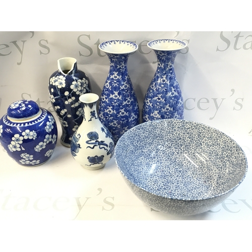 163 - A collection of Chinese blue and white ceramics including vases, a cherry blossom ginger jar with a ... 