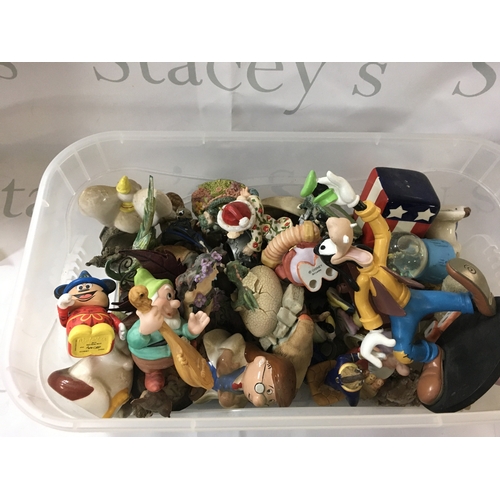 169 - Box of figurines including Disney, Looney Tunes, dream dragons, a small snow globe and other items.