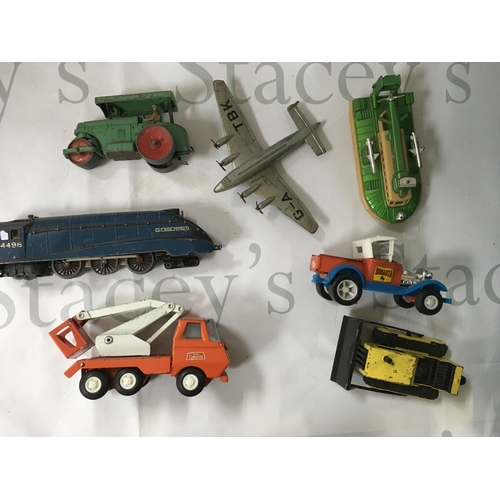 170 - Box of small vehicles such as trains, planes, cars, trucks and more. Dinky toys and diecast vintage ... 