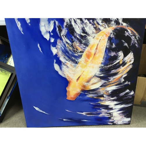 178 - Oil on canvas paintings including a Koi painting (Dimensions 80cm x 80cm) , Rian Vooslo contemporary... 