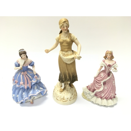 181 - Two Wedgewood figures and a Royal Dux figure. Note damage to fan of one as pictured. Postage D. NO R... 