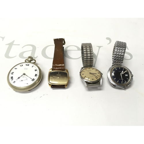 318 - Three wrist watches including a Tissot which runs and a button wind pocket watch which winds and run... 