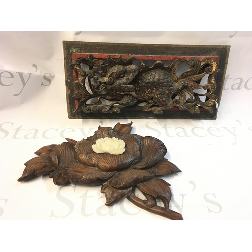 330 - A Collection of Chinese wood plaques including a dragon plaque and soapstone flower. 30 and 39cm wid... 