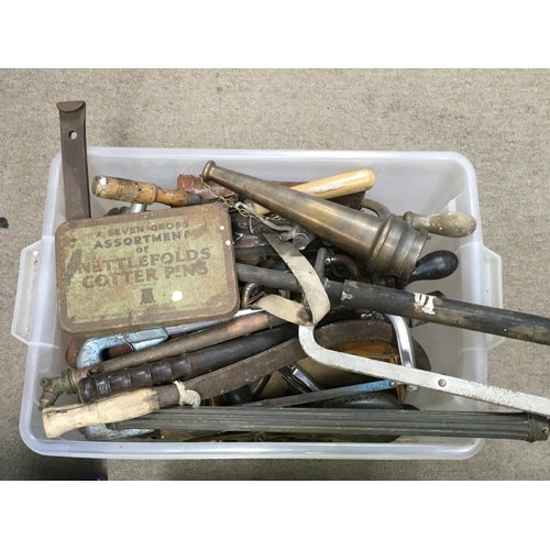 36 - A Collection of various vintage tools including a baton, sickle, chisel