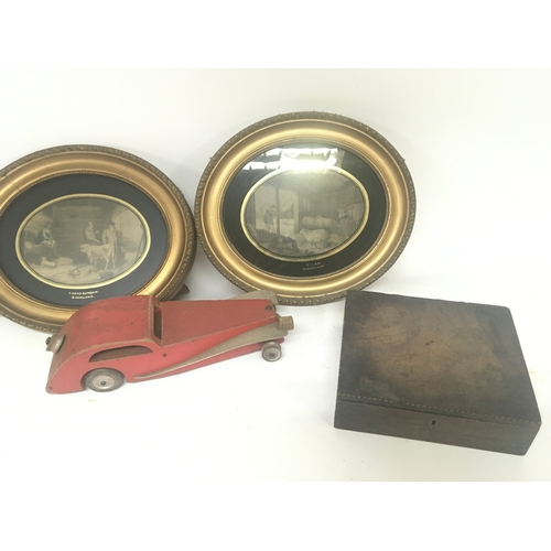 382 - A scratch built painted wood vintage car two oval framed Moreland Prints and a George III mahogany s... 