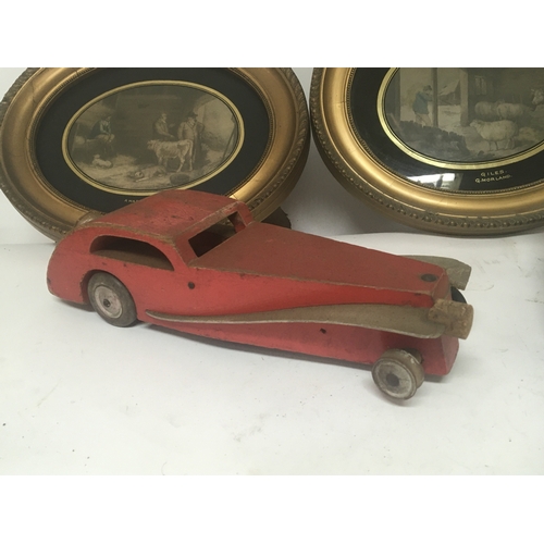 382 - A scratch built painted wood vintage car two oval framed Moreland Prints and a George III mahogany s... 