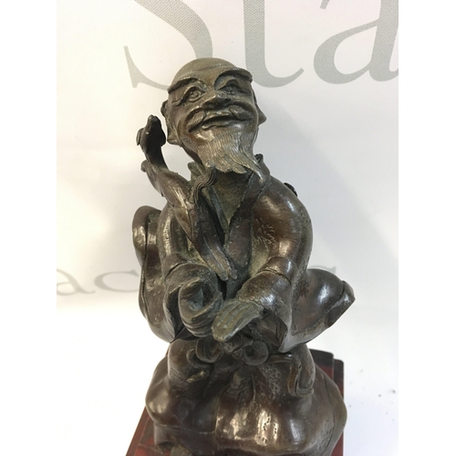 425 - A late 19th century Japanese bronze figure on a marble base pedestal, 23cm tall.