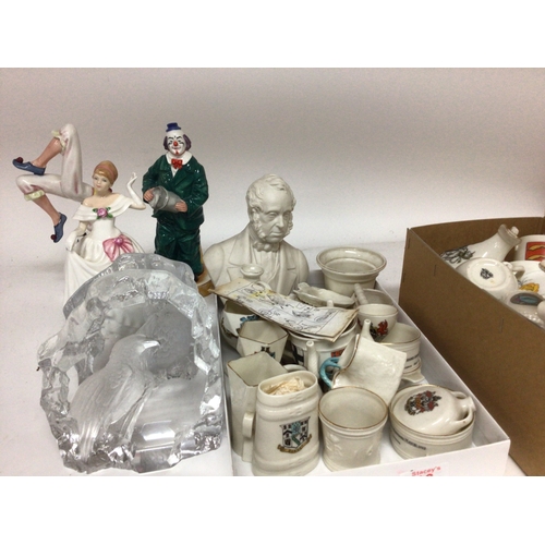 46 - A collection of Goss and other crested ware Two Royal Doulton clown figures Scandinavian glass sculp... 