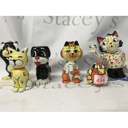 494 - A collection of 6 rare Lorna Bailey figurines, including Bullseye the Darts cat, a wise monkey cat, ... 