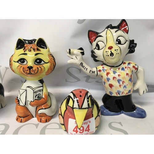 494 - A collection of 6 rare Lorna Bailey figurines, including Bullseye the Darts cat, a wise monkey cat, ... 