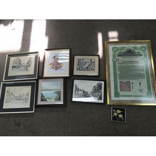 557 - A small collection of pictures and a framed Imperial Chinese bond. Postage D NO RESERVE