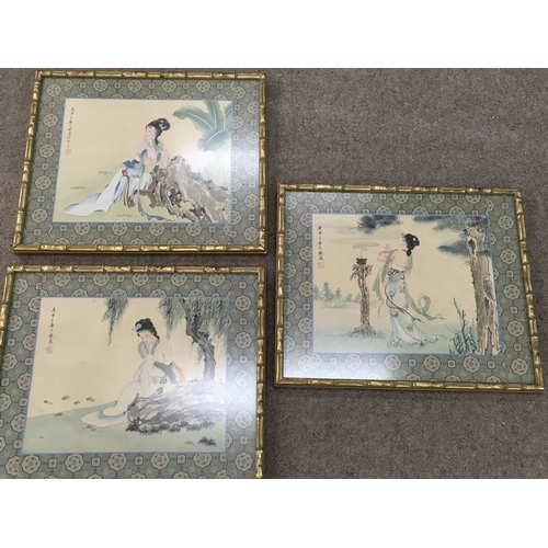 590 - Three framed Japanese silk painting. Postage D NO RESERVE