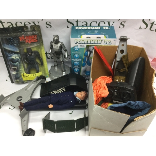 596 - A box of toys and models comprising Action Man outfits, a remote control Helicopter and other items.