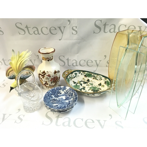 74 - A box of ceramics including Royal Worcester Grace figure, Queens China and Masons vase,