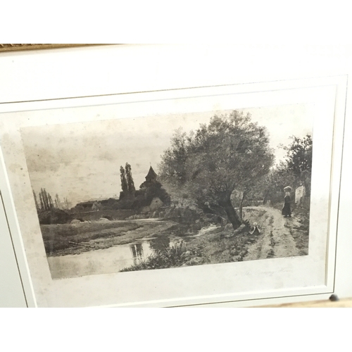 775 - A collection of framed pictures including an etching by N. Chadwick titled The Bridge at Mostar, a p... 