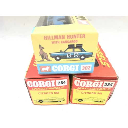 278 - 3 Boxed Corgi Vehicles including 2 Citroen SM #284 and a Hillman Hunter With Kangaroo in Repro box #... 