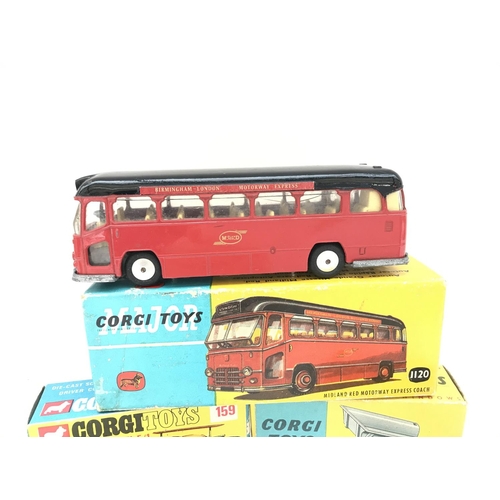 282 - A Boxed Corgi Midland Motorway Express Coach #1120. A Cooper-Maserati F/1 #159 and a Massey-Ferguson... 